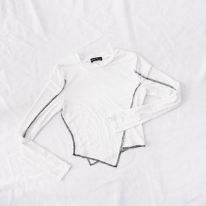 white asymmetrical contrast stitch long sleeve shirt